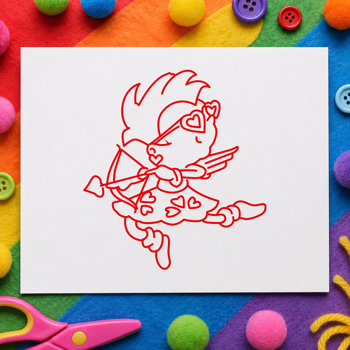 Cupid with Heart Sunglasses Rubber Stamp impression in red ink on white paper in a styled craft setting.