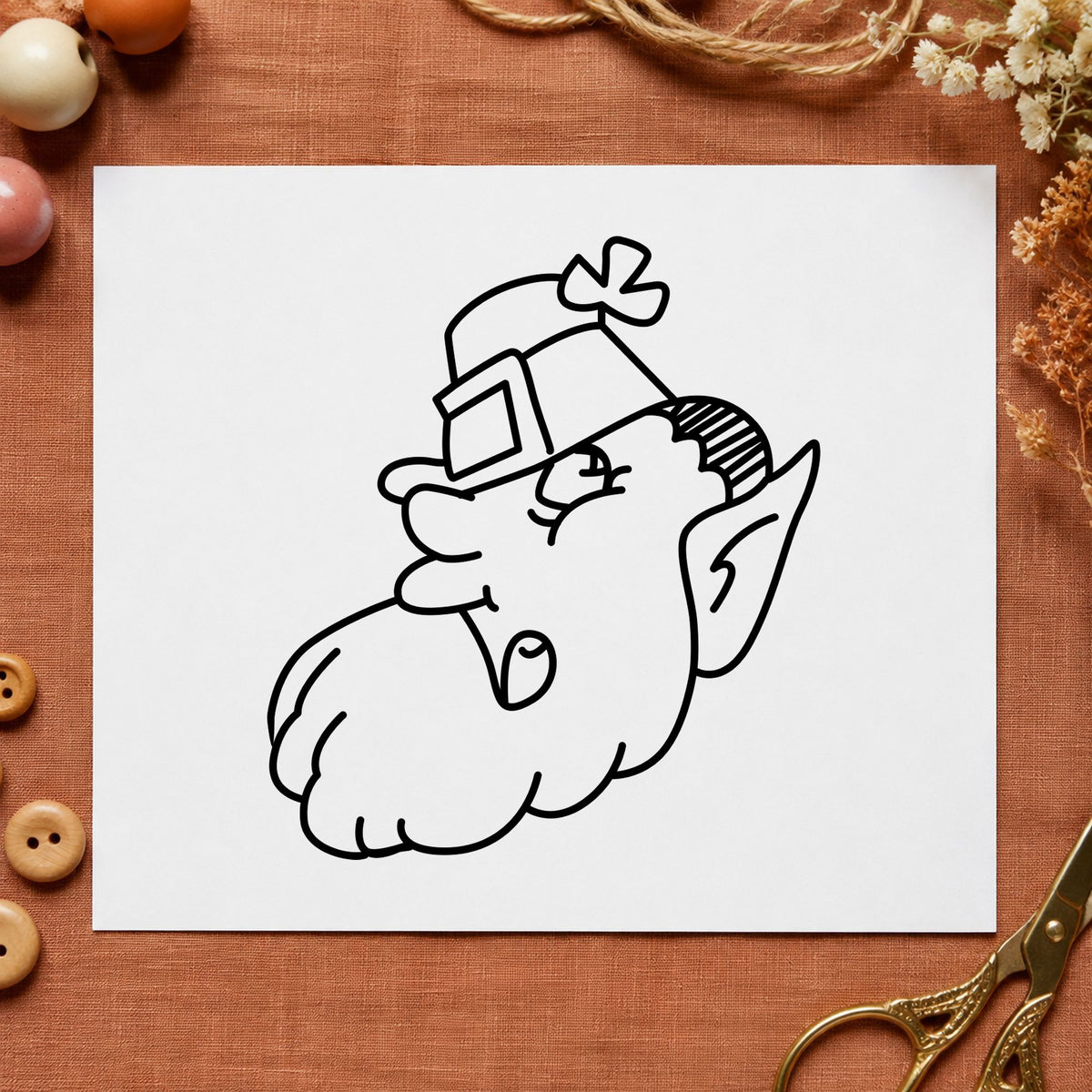 Leprechaun Head with Shamrock Hat Rubber Stamp impression in black ink on white paper in a styled craft setting.