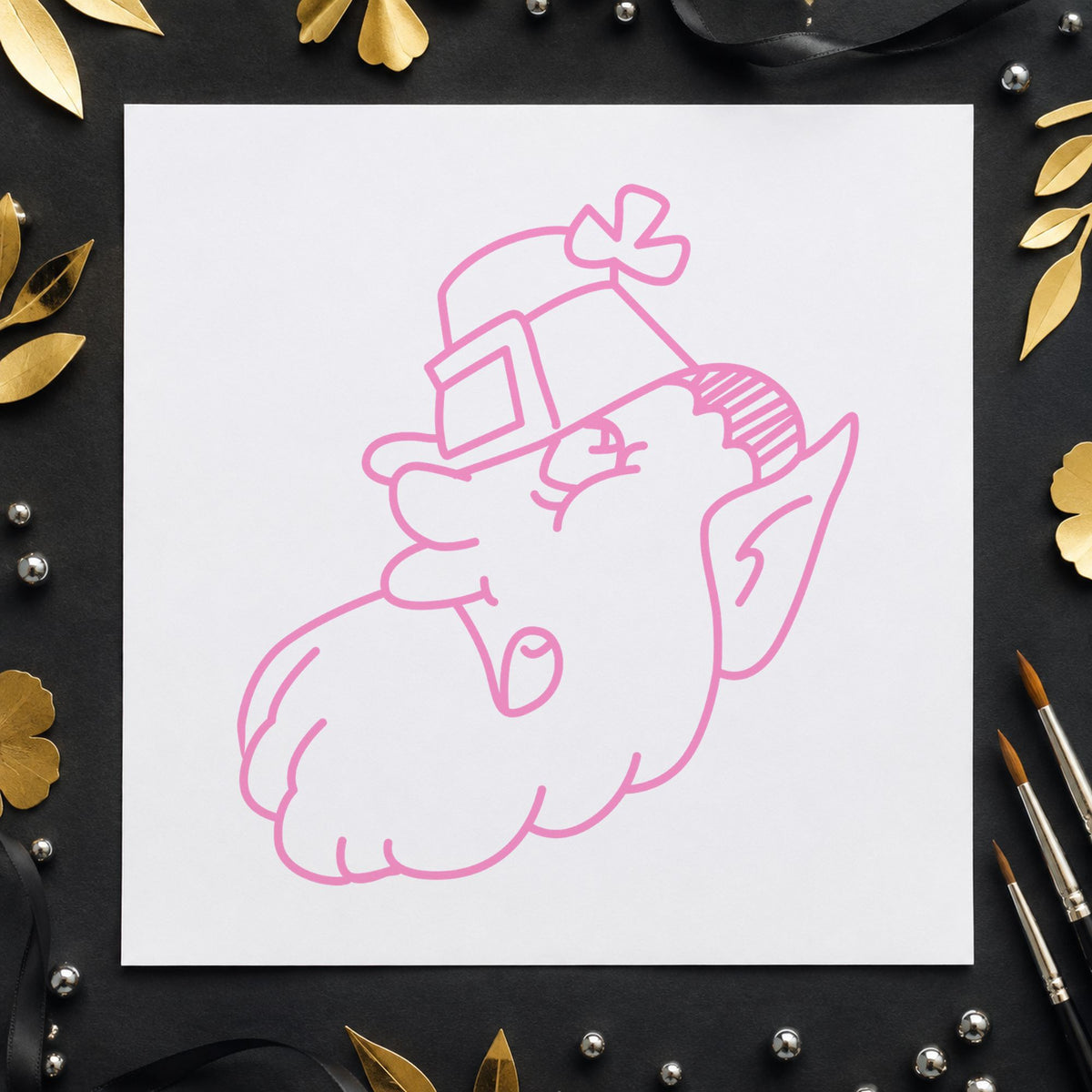 Leprechaun Head with Shamrock Hat Rubber Stamp impression in pink ink on white paper in a styled craft setting.