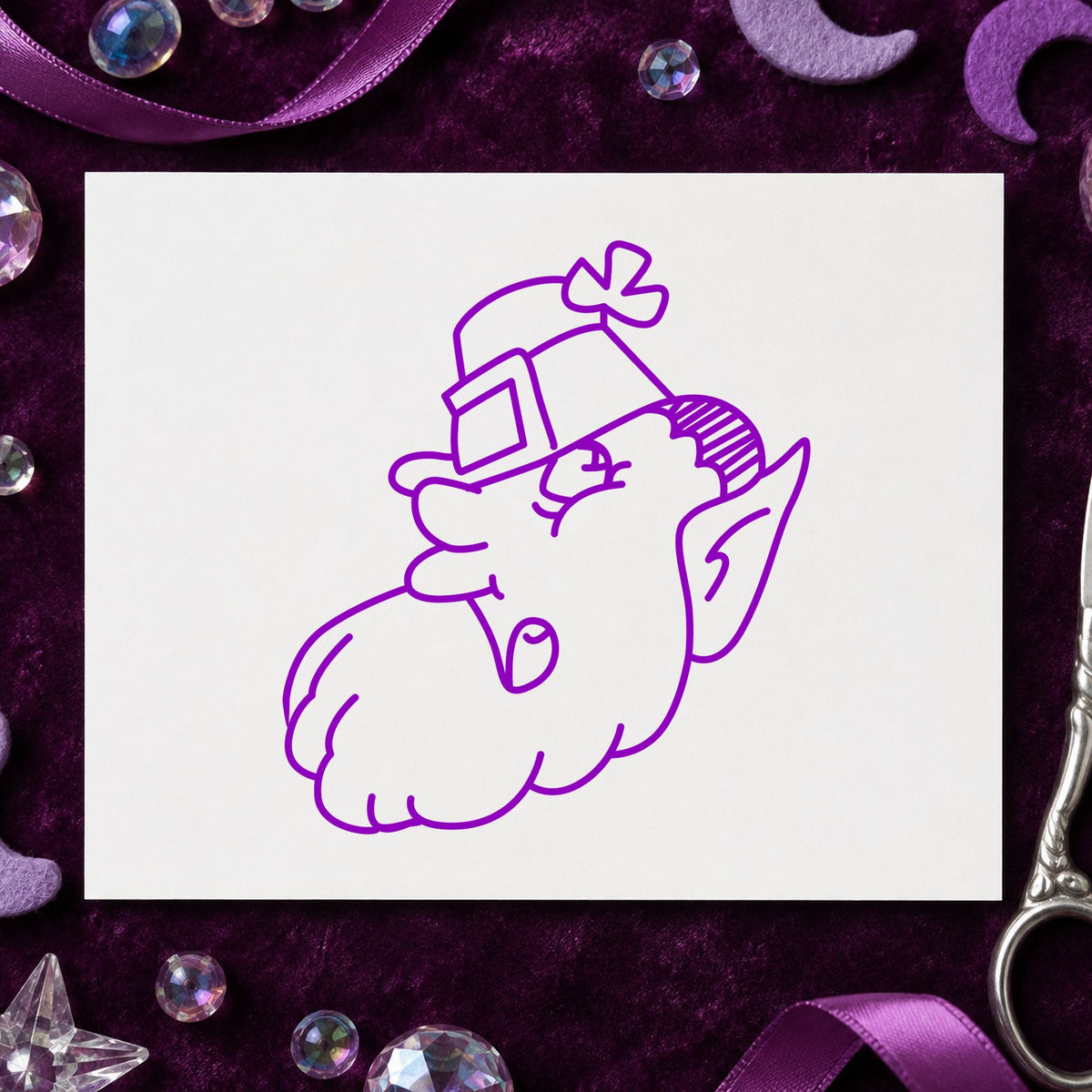 Leprechaun Head with Shamrock Hat Rubber Stamp impression in purple ink on white paper in a styled craft setting.