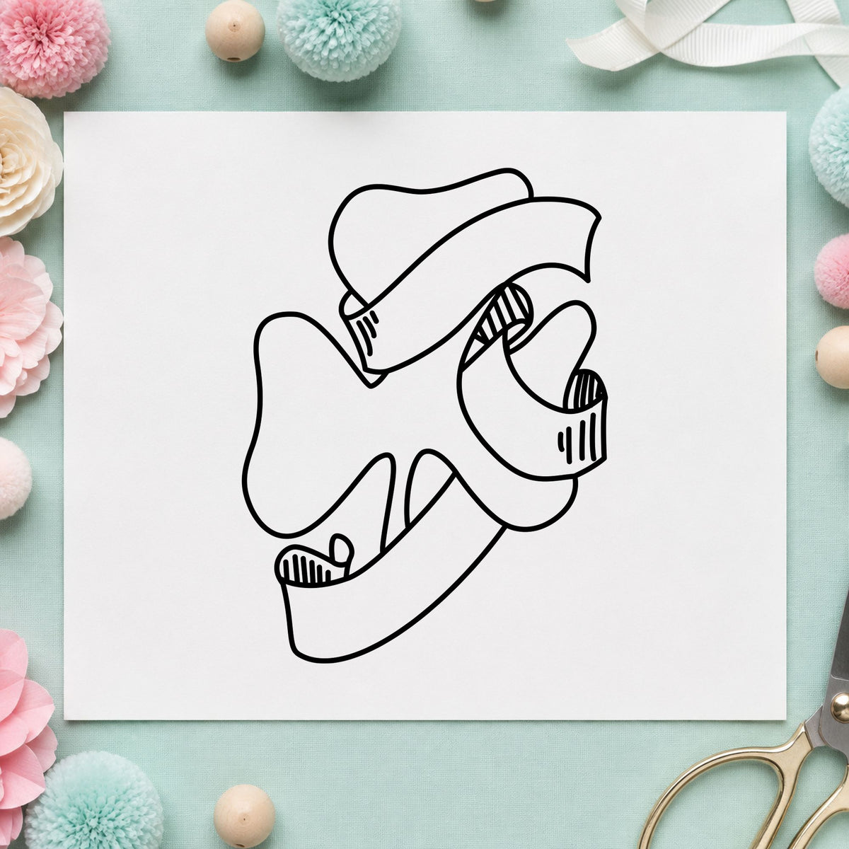 Shamrock with Leprechaun Hat Rubber Stamp impression in black ink on white paper in a styled craft setting.