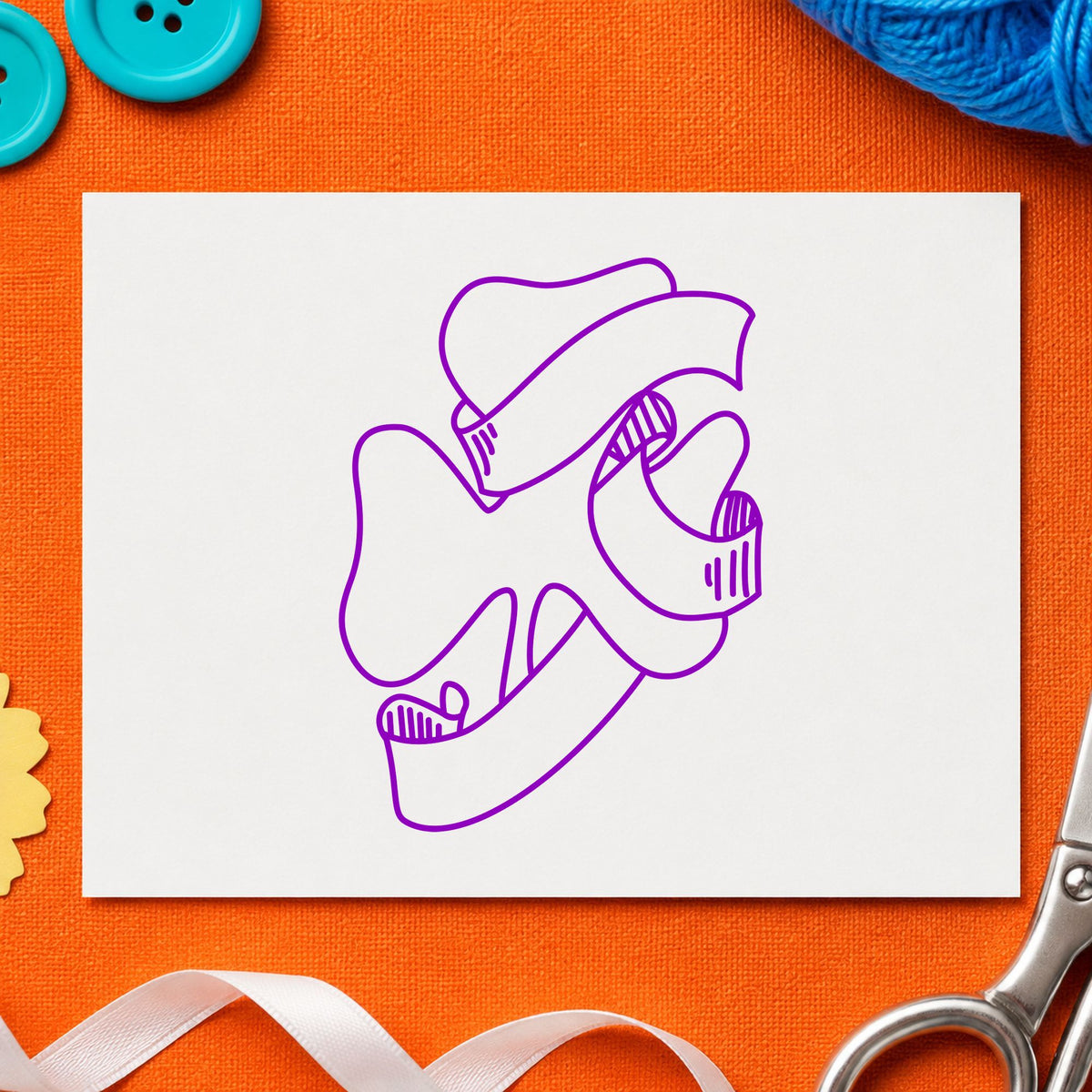 Shamrock with Leprechaun Hat Rubber Stamp impression in purple ink on white paper in a styled craft setting.
