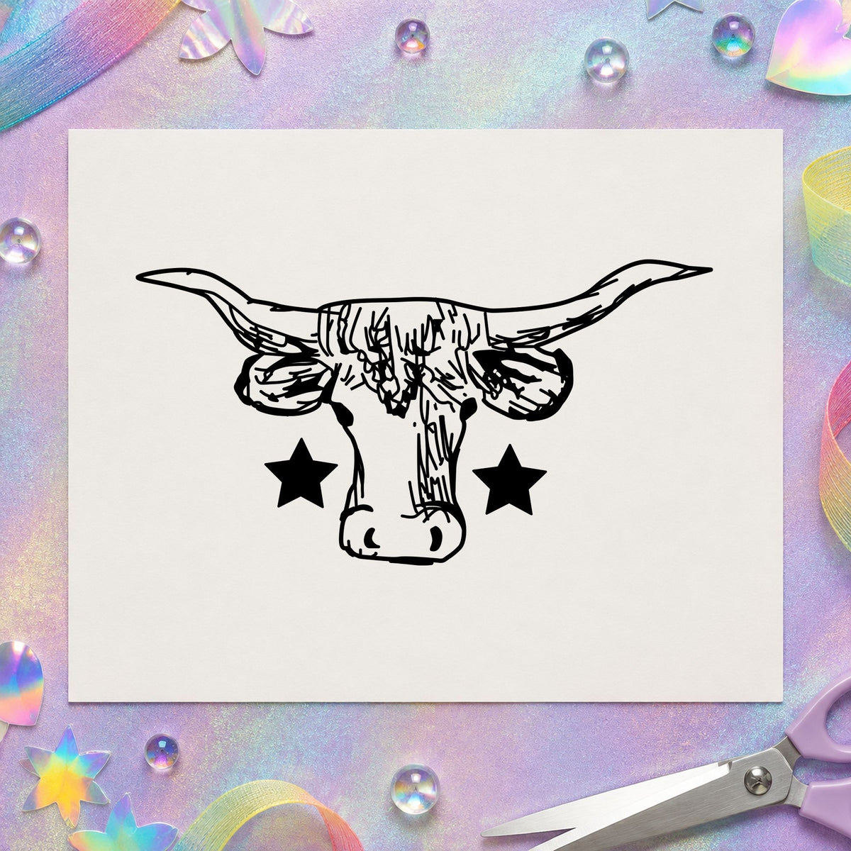 Lone Star Longhorn Bull Rubber Stamp impression in black ink on white paper in a styled craft setting.