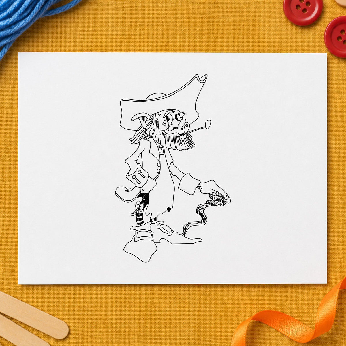Standing Leprechaun with Cane Rubber Stamp impression in black ink on white paper in a styled craft setting.