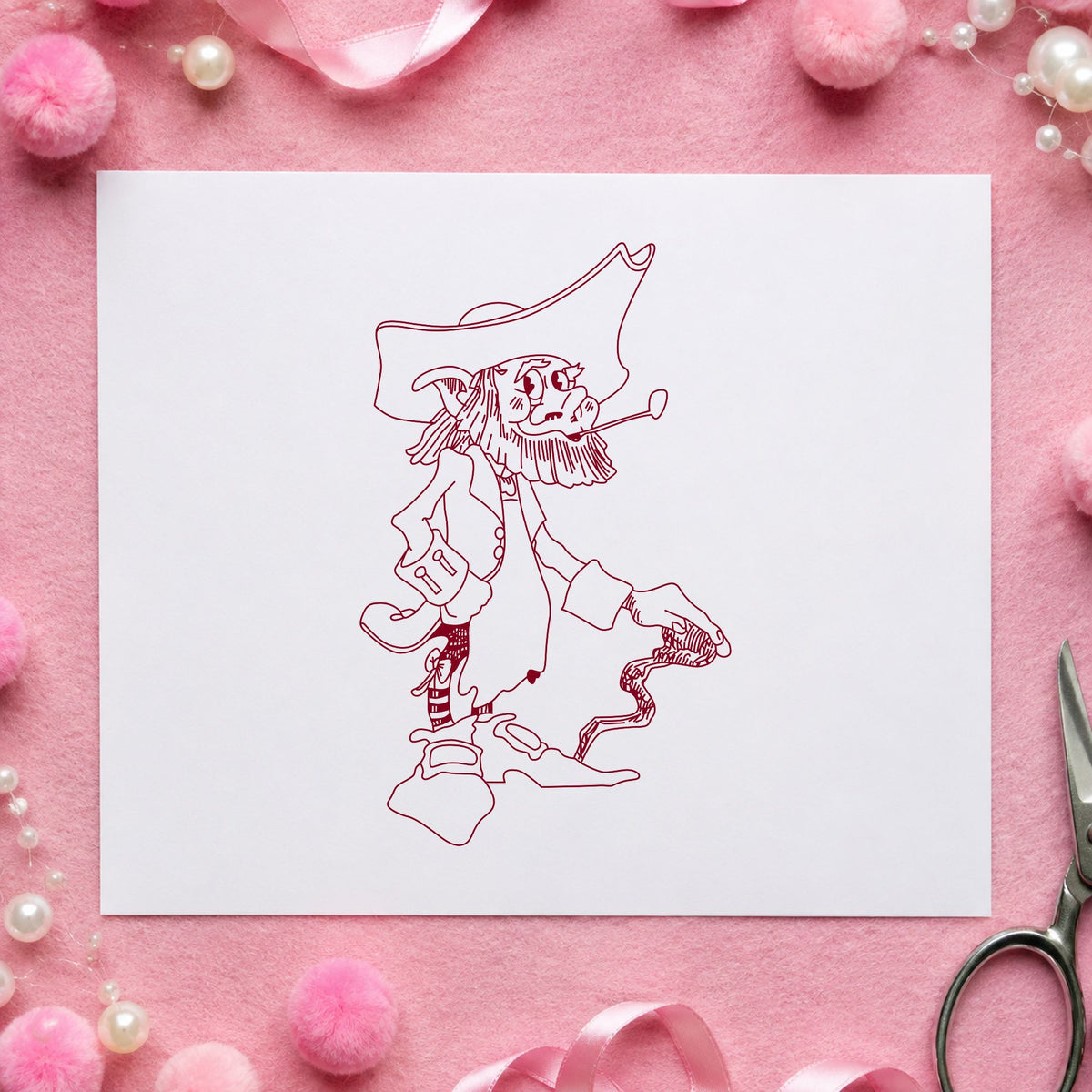 Standing Leprechaun with Cane Rubber Stamp impression in burgundy ink on white paper in a styled craft setting.