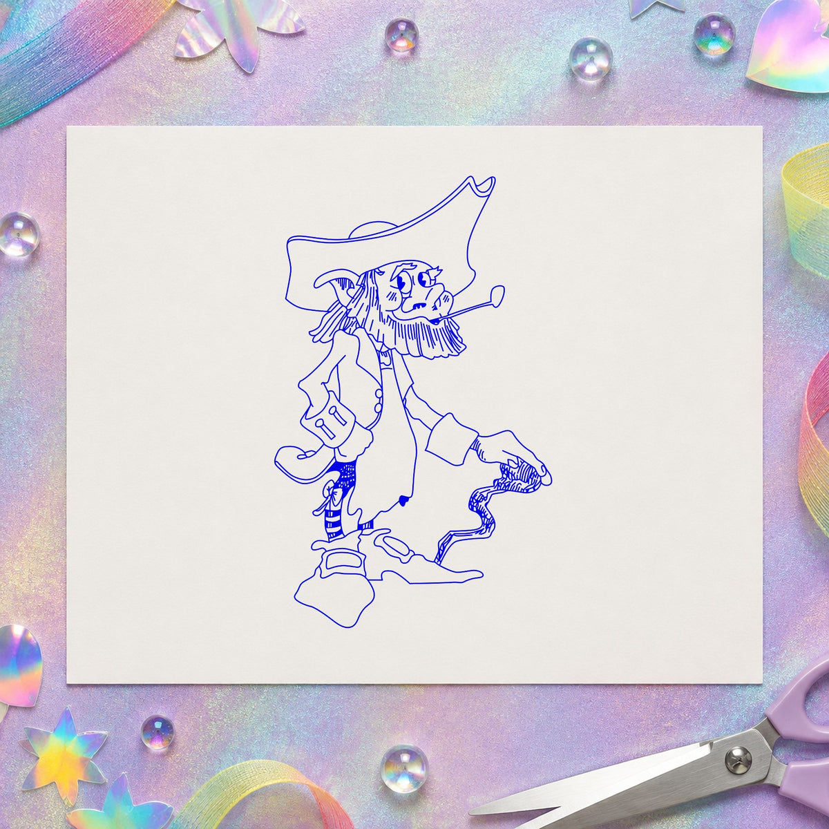 Standing Leprechaun with Cane Rubber Stamp impression in blue ink on white paper in a styled craft setting.