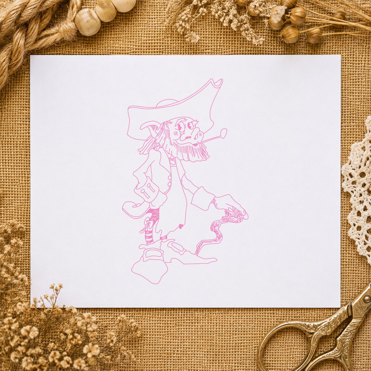 Standing Leprechaun with Cane Rubber Stamp impression in pink ink on white paper in a styled craft setting.