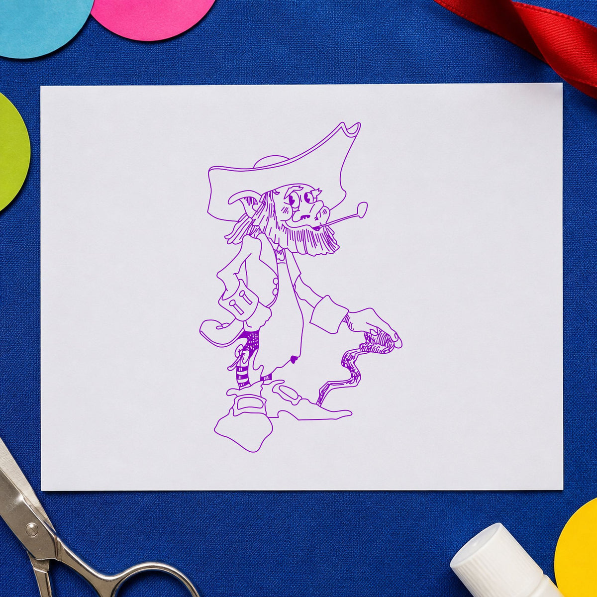 Standing Leprechaun with Cane Rubber Stamp impression in purple ink on white paper in a styled craft setting.