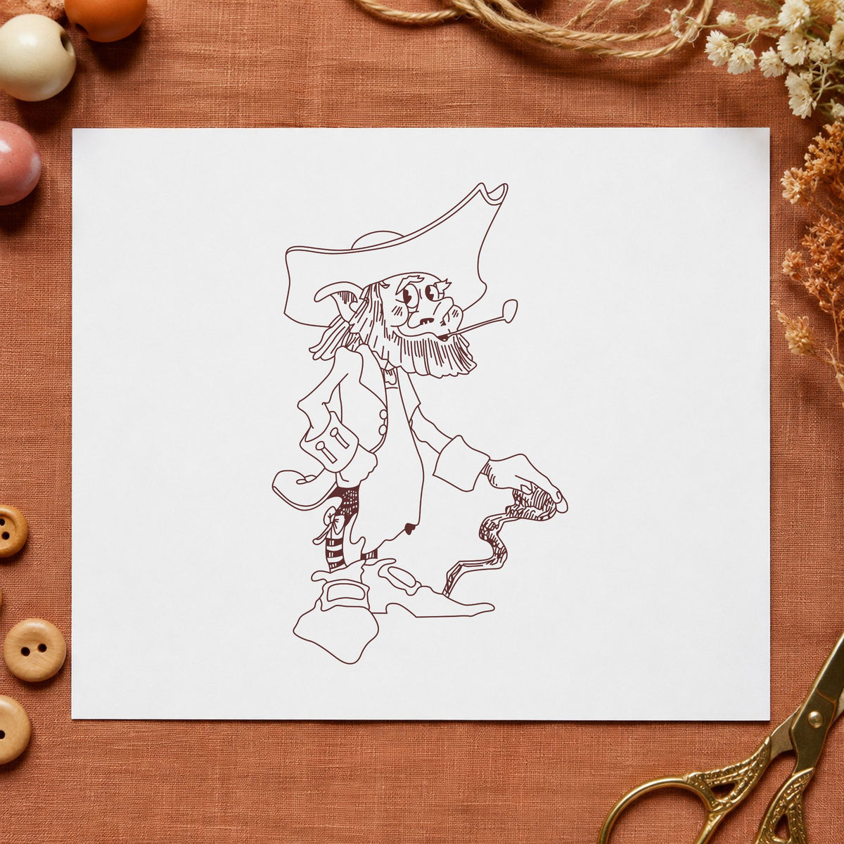 Standing Leprechaun with Cane Rubber Stamp impression in brown ink on white paper in a styled craft setting.