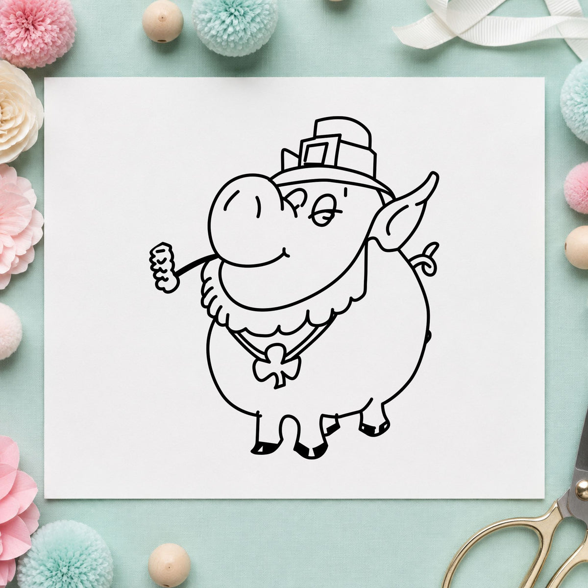 Irish Pig with Shamrock Rubber Stamp impression in black ink on white paper in a styled craft setting.