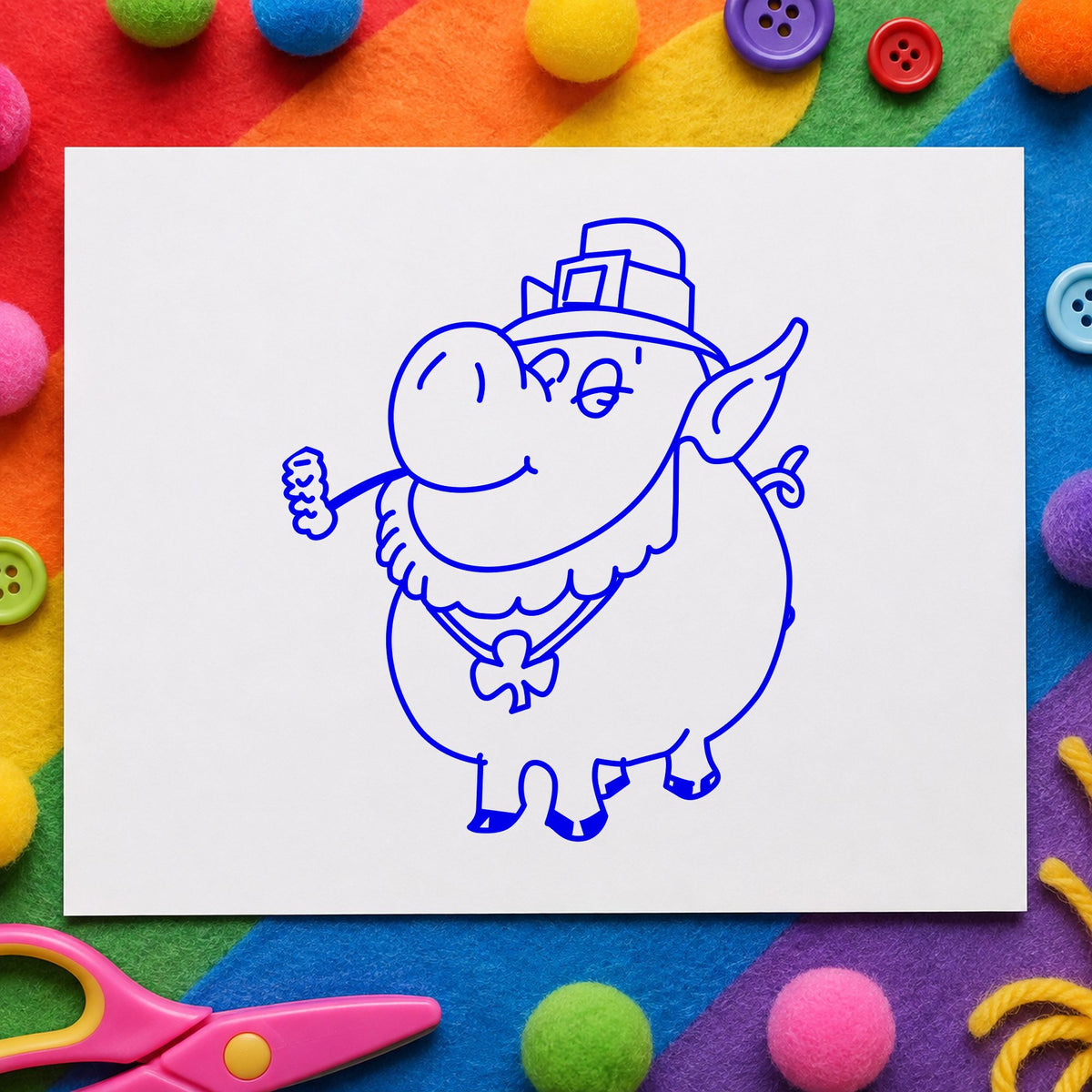 Irish Pig with Shamrock Rubber Stamp impression in blue ink on white paper in a styled craft setting.