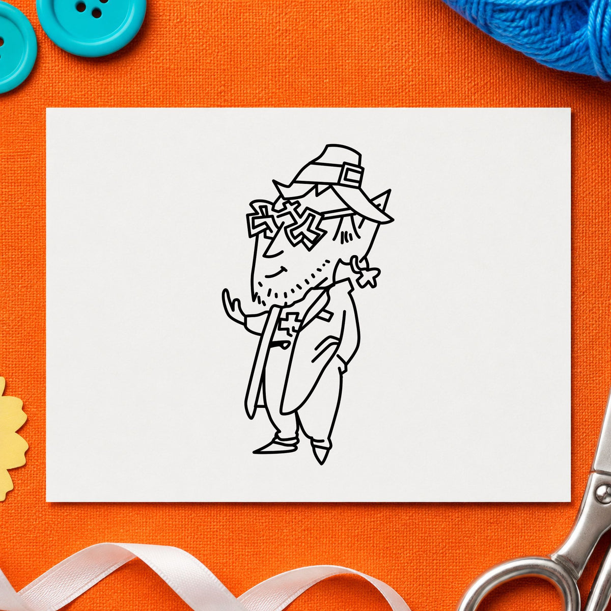 Leprechaun with Shamrock Glasses Rubber Stamp impression in black ink on white paper in a styled craft setting.