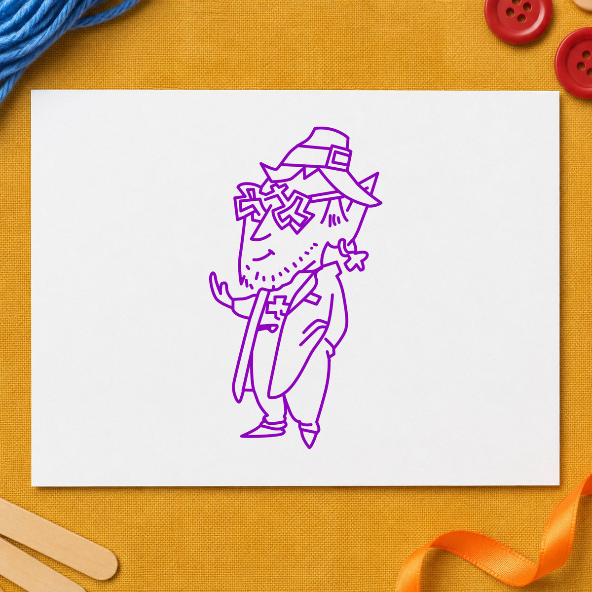Leprechaun with Shamrock Glasses Rubber Stamp impression in purple ink on white paper in a styled craft setting.