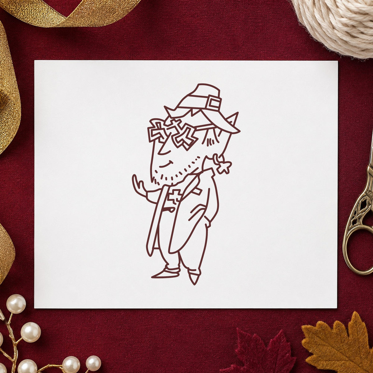 Leprechaun with Shamrock Glasses Rubber Stamp impression in brown ink on white paper in a styled craft setting.