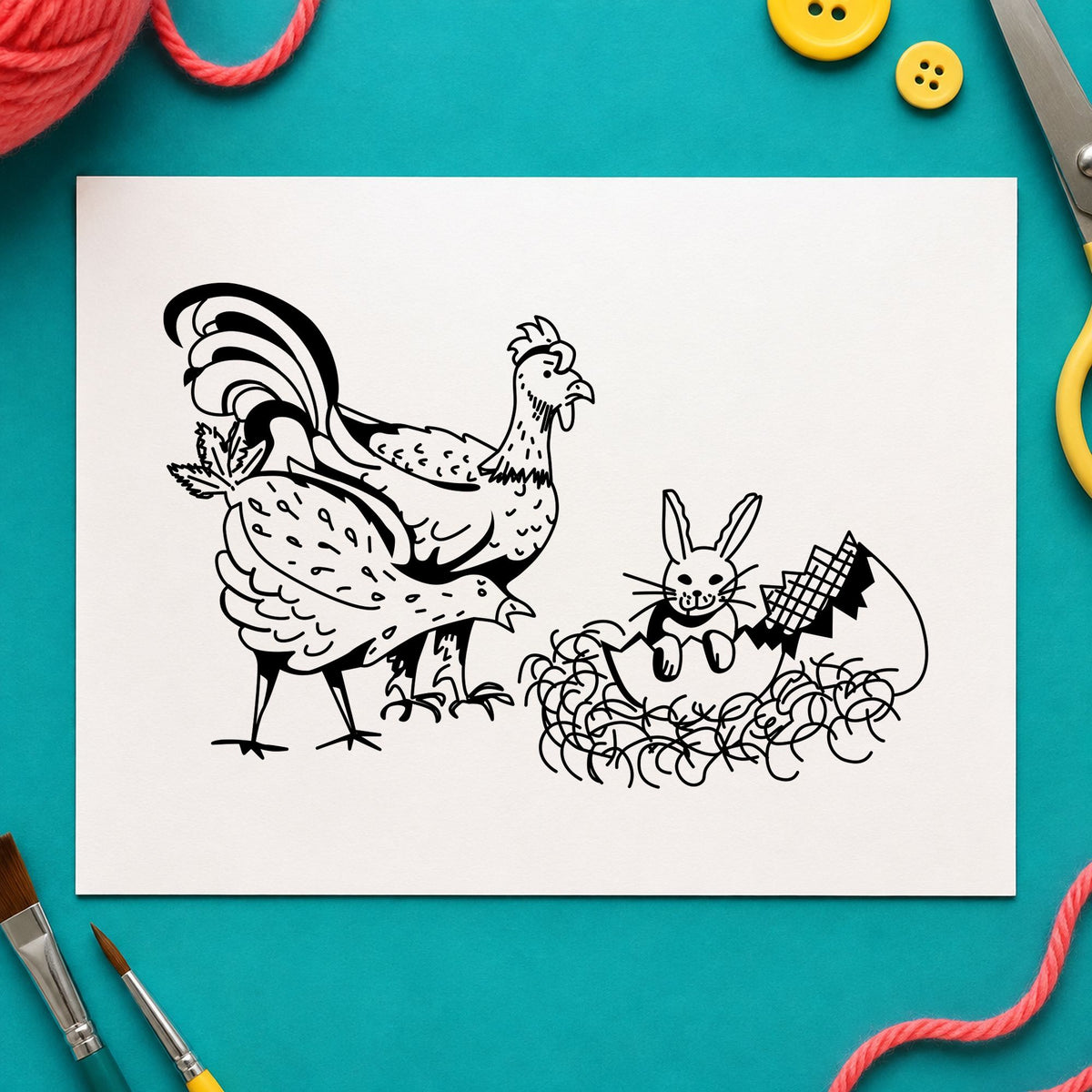 Black impression from a easter animal stamp, featuring the chickens and bunny in easter egg design on white paper.