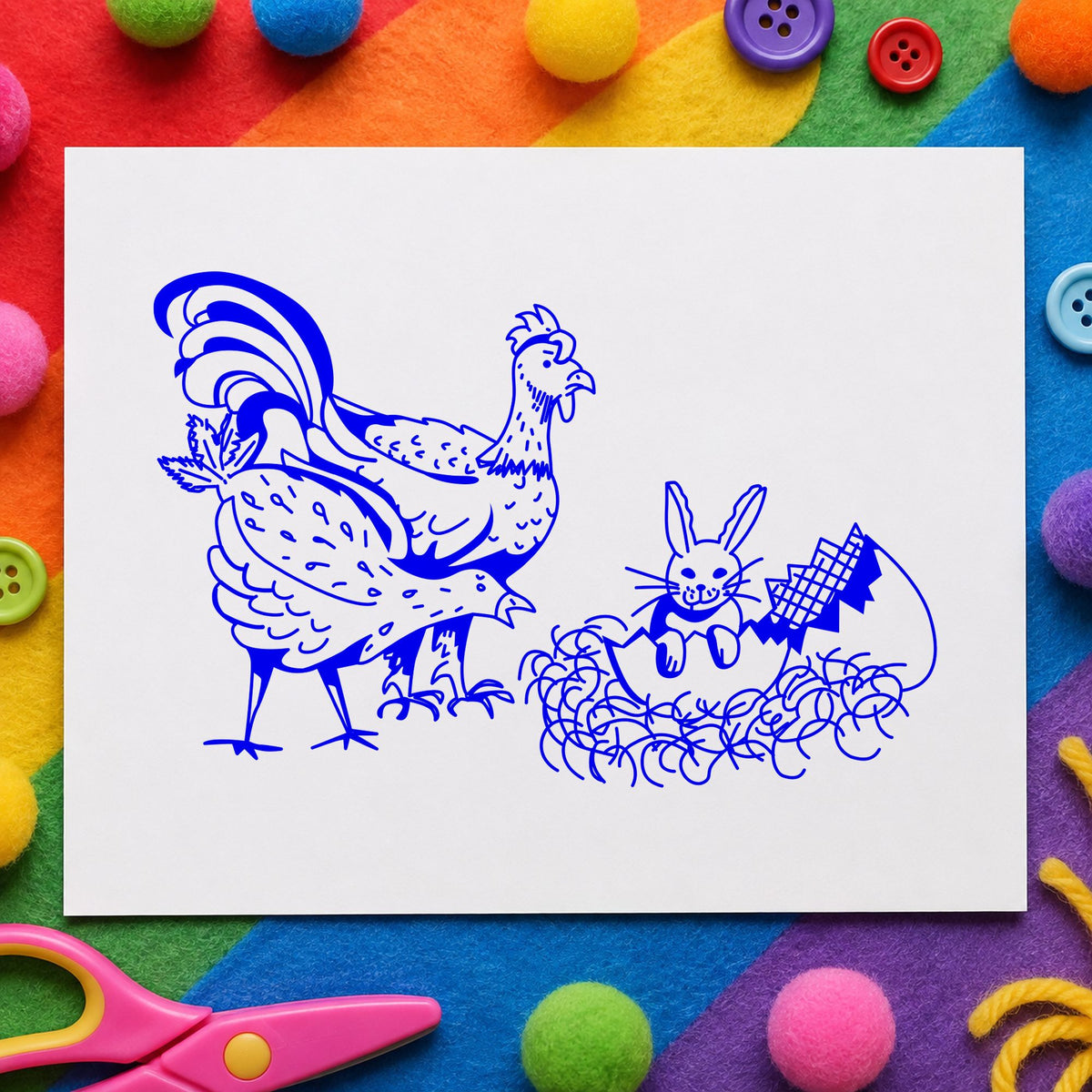 Chickens and Bunny in Easter Egg Rubber Stamp impression in blue ink on white paper in a styled craft setting.