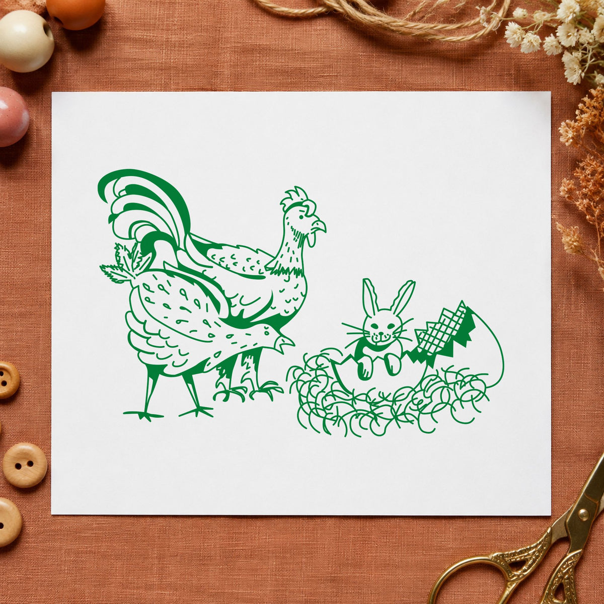 Chickens and Bunny in Easter Egg Rubber Stamp impression in green ink on white paper in a styled craft setting.