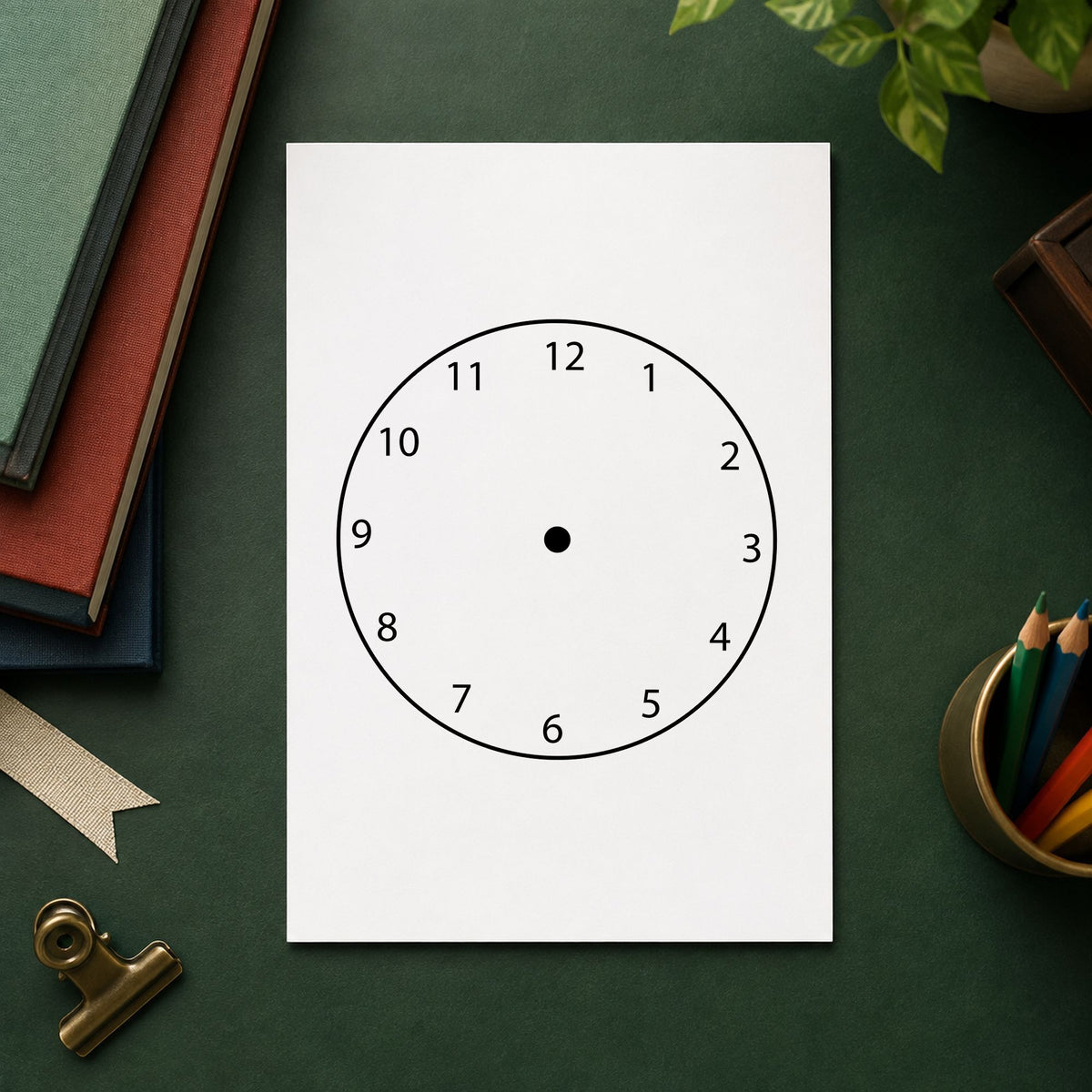 Blank Clock Face Rubber Stamp impression in black ink on white paper in a styled craft setting.