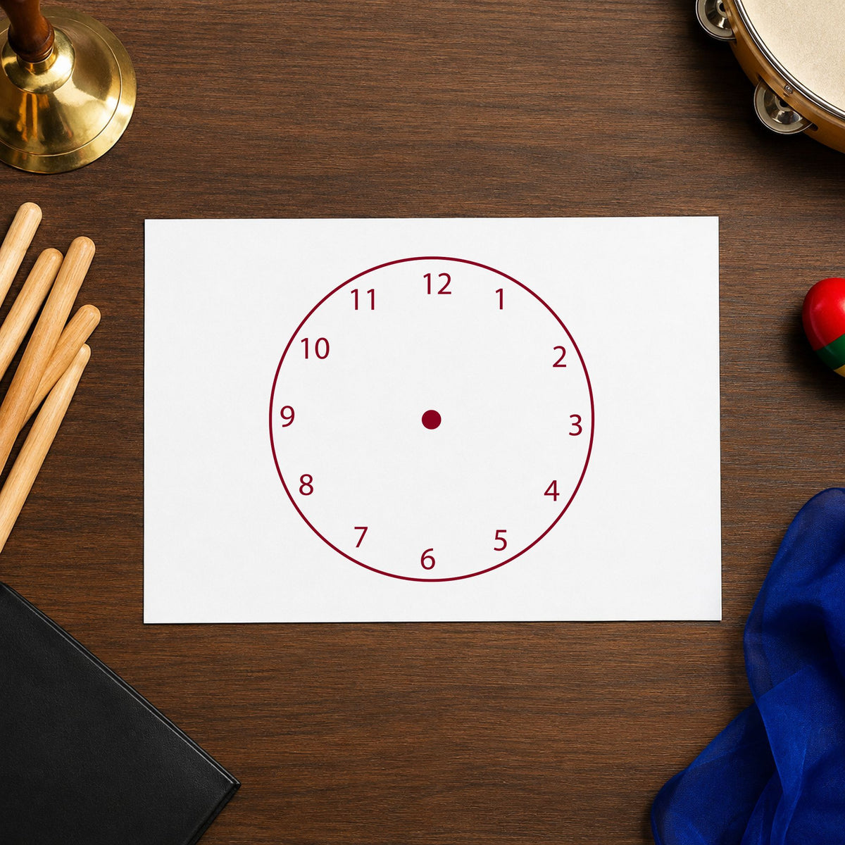 Blank Clock Face Rubber Stamp impression in burgundy ink on white paper in a styled craft setting.