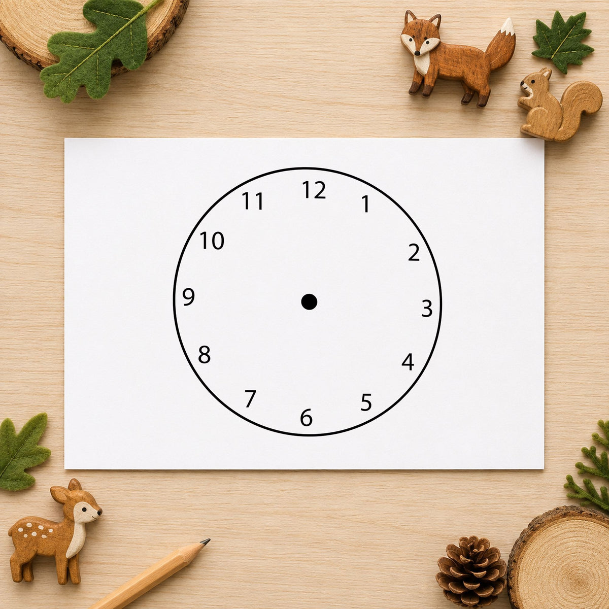 Black impression from a teaching clock stamp, featuring the blank clock face design on white paper.