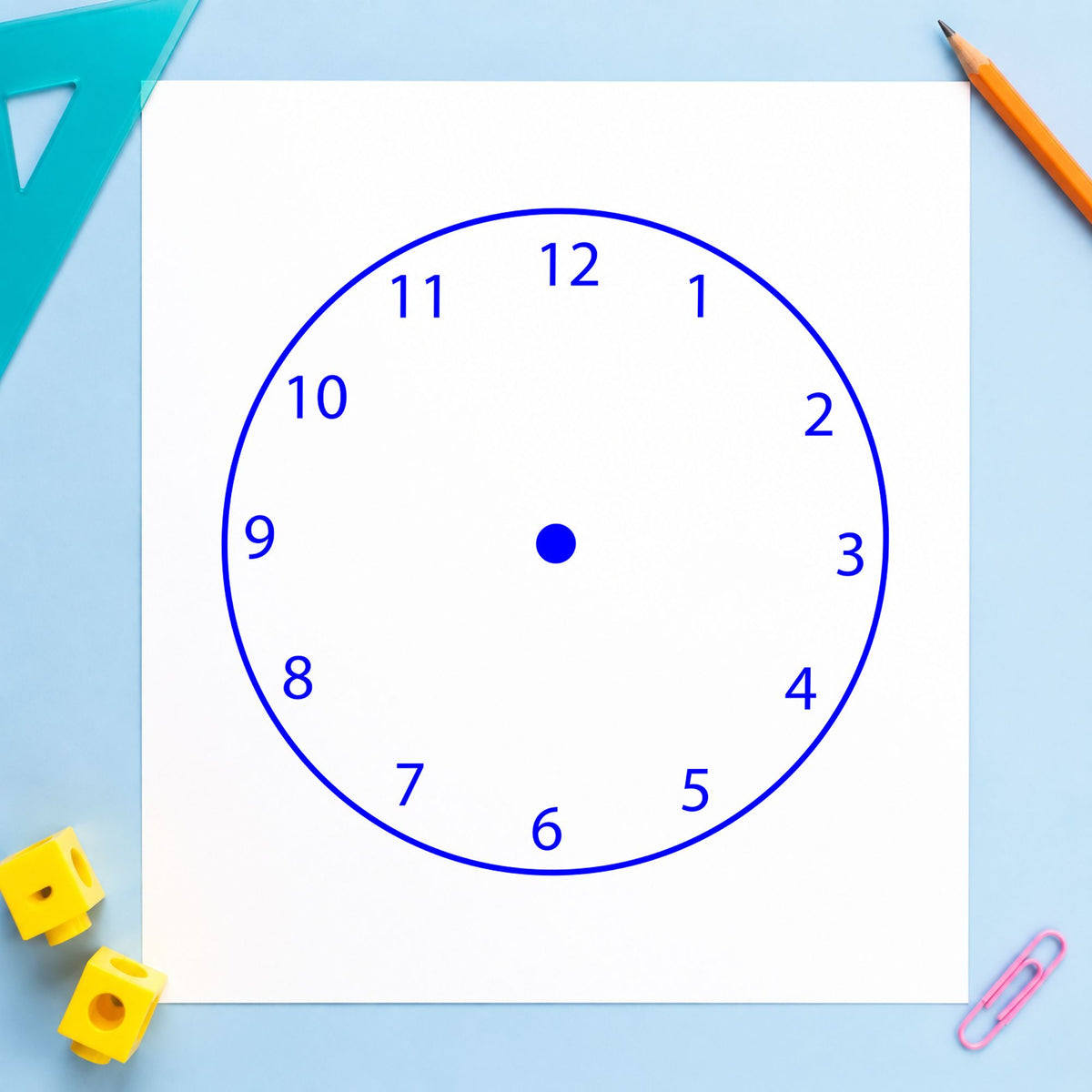 Blue telling time stamp impression featuring the blank clock face design on white paper.