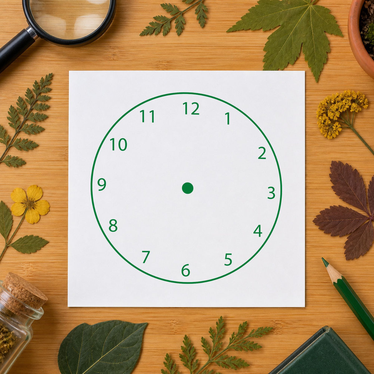 Blank Clock Face Rubber Stamp impression in green ink on white paper in a styled craft setting.
