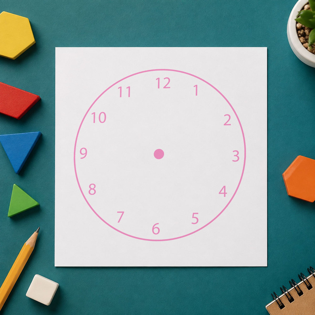 Blank Clock Face Rubber Stamp impression in pink ink on white paper in a styled craft setting.