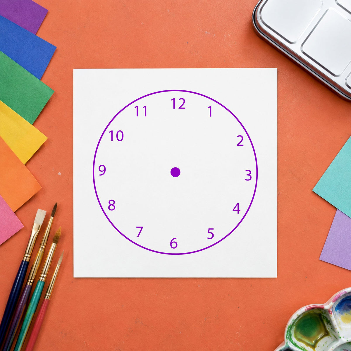 Blank Clock Face Rubber Stamp impression in purple ink on white paper in a styled craft setting.