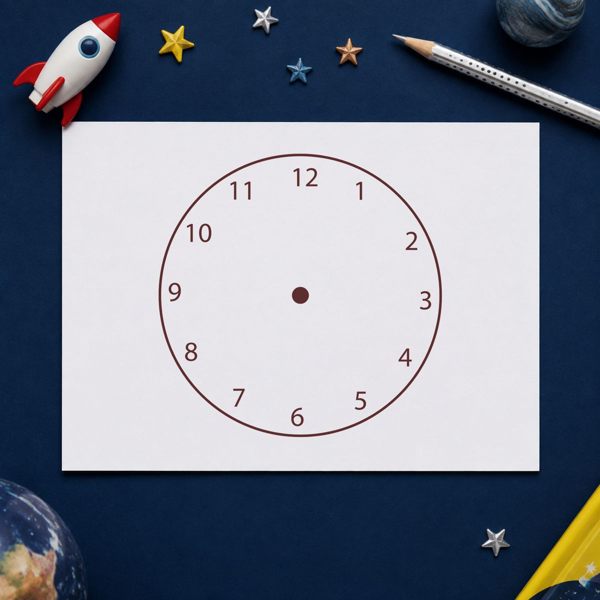 Blank Clock Face Rubber Stamp impression in brown ink on white paper in a styled craft setting.