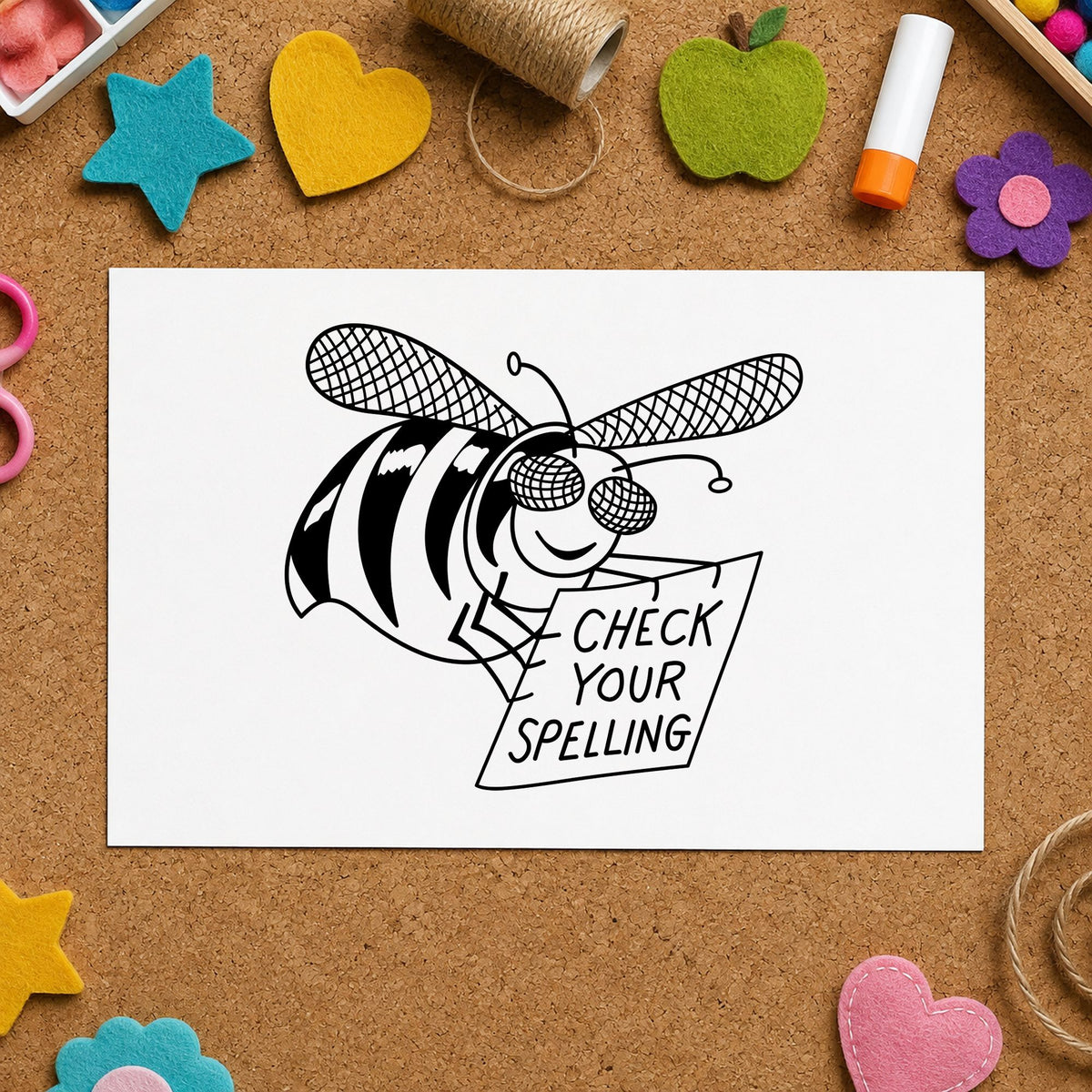 Black impression from a spelling reminder stamp, featuring the check your spelling bee design on white paper.