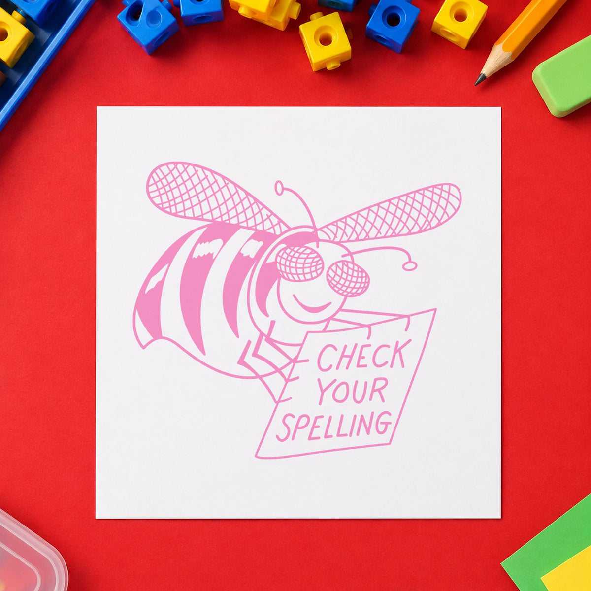 Check Your Spelling Bee Rubber Stamp impression in pink ink on white paper in a styled craft setting.