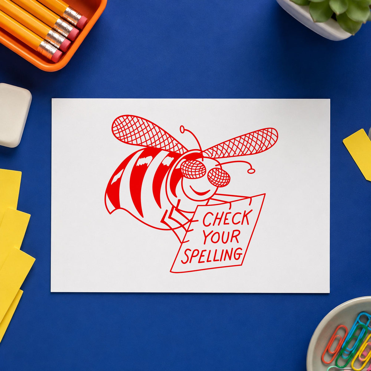 Check Your Spelling Bee Rubber Stamp impression in red ink on white paper in a styled craft setting.