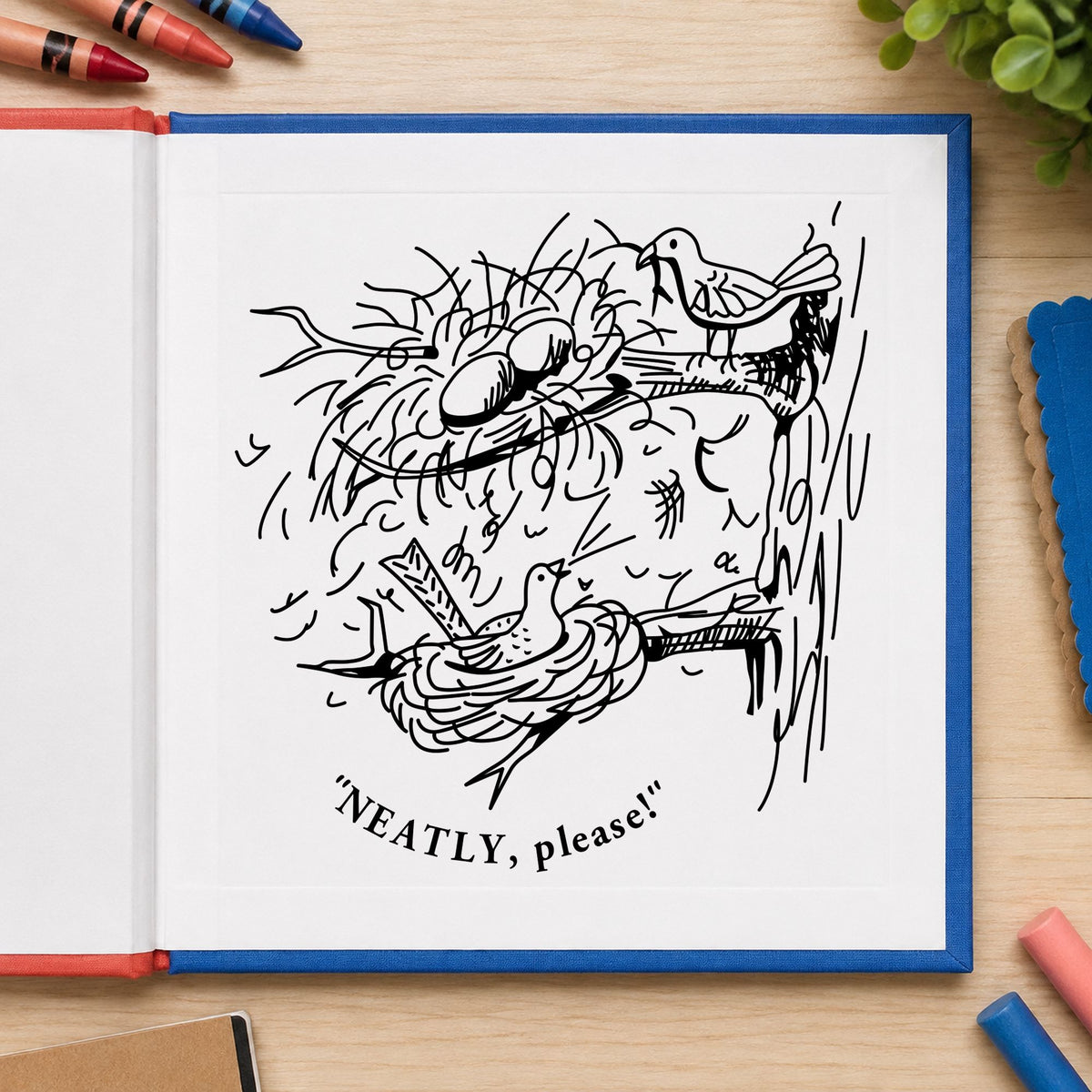 Neatly Please Birds Rubber Stamp impression in black ink on white paper in a styled craft setting.