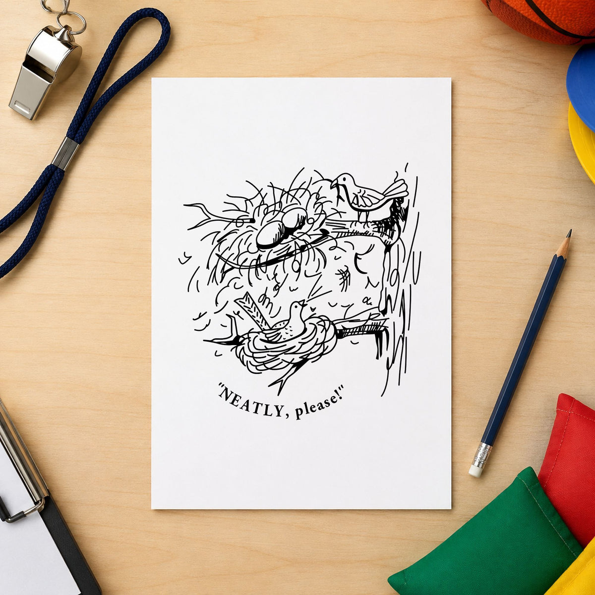 Black impression from a neatness reminder stamp, featuring the neatly please birds design on white paper.