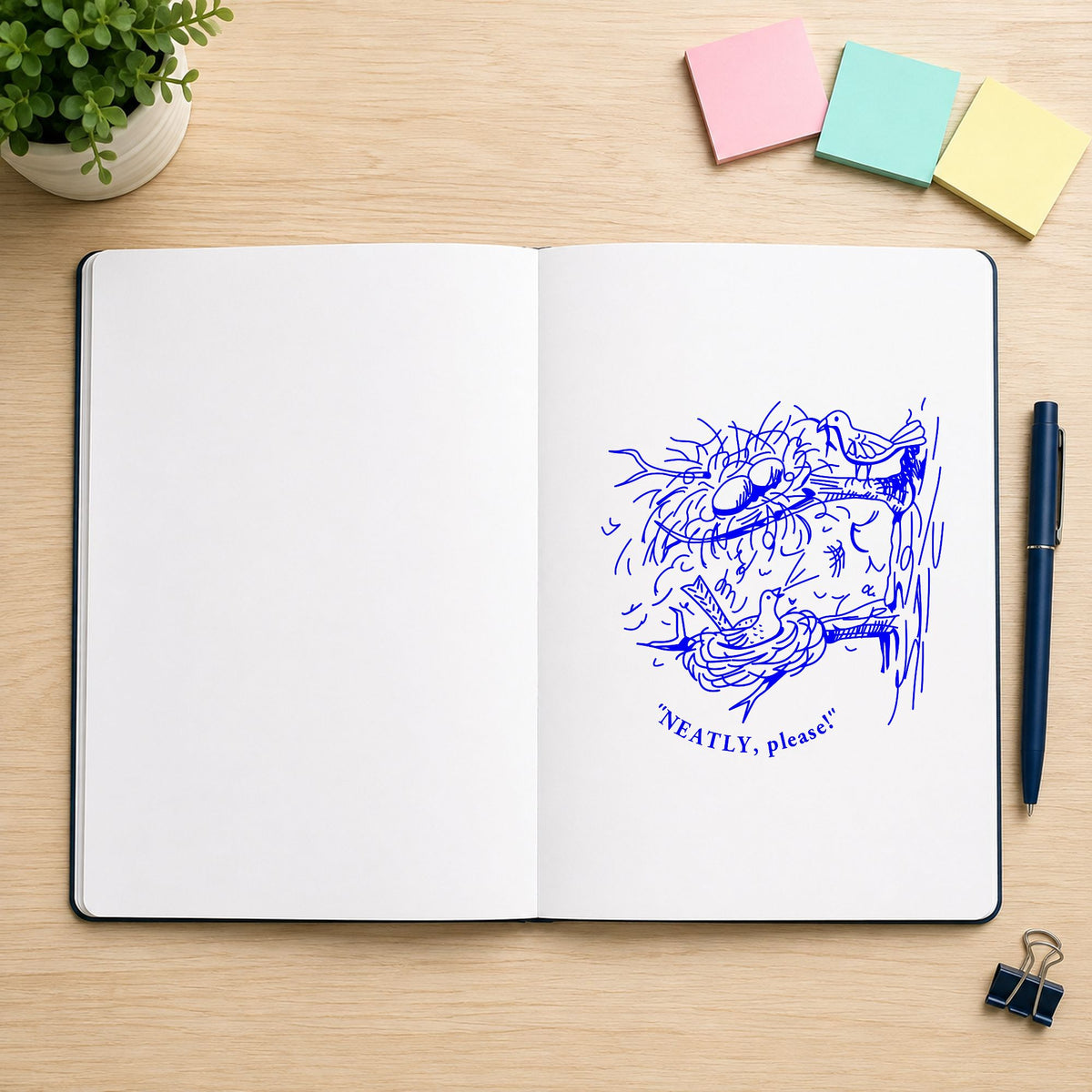 Neatly Please Birds Rubber Stamp impression in blue ink on white paper in a styled craft setting.