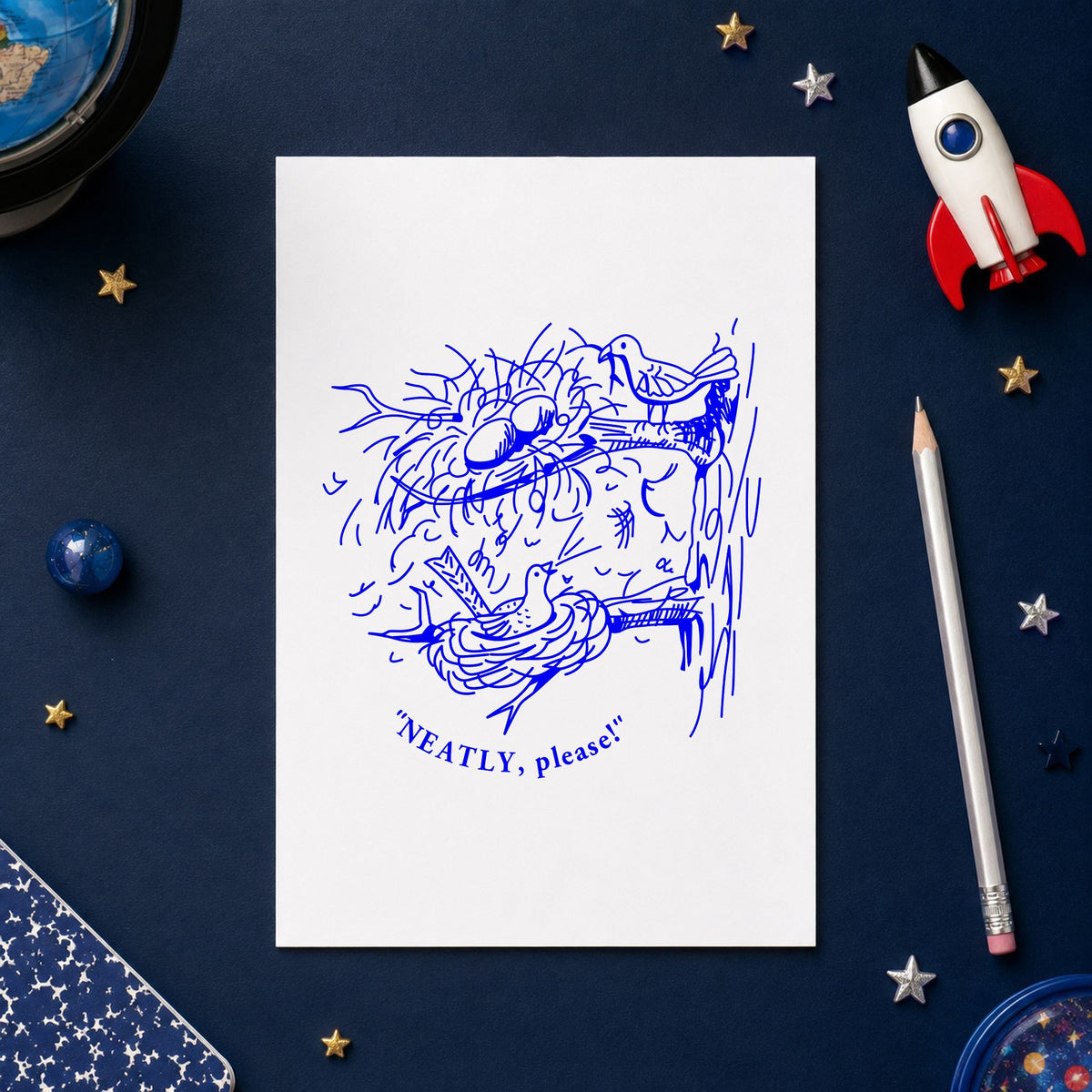 Blue teacher feedback stamp impression featuring the neatly please birds design on white paper.
