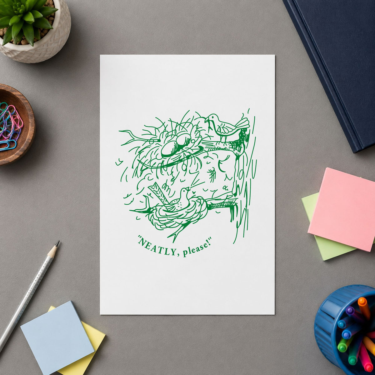Neatly Please Birds Rubber Stamp impression in green ink on white paper in a styled craft setting.