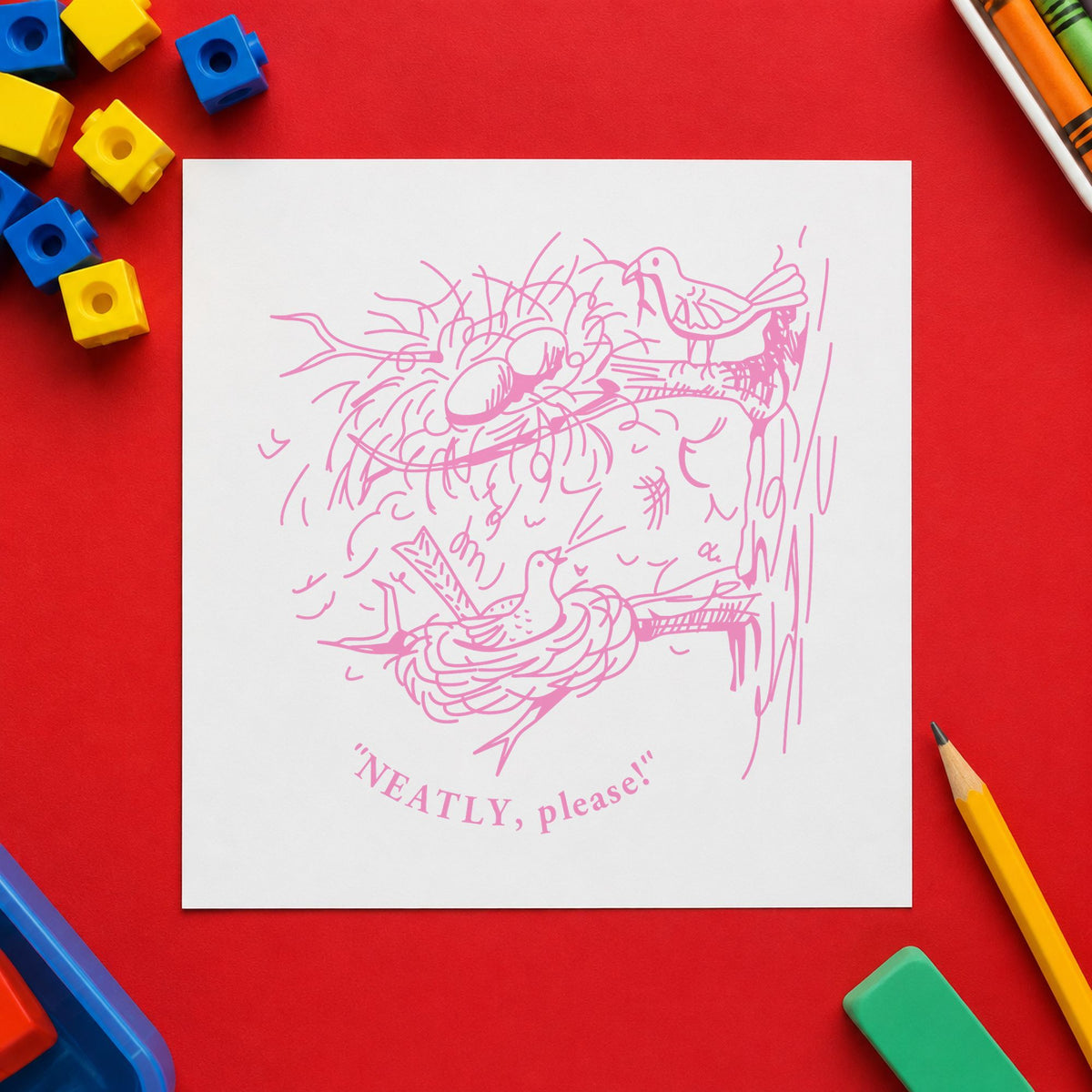 Neatly Please Birds Rubber Stamp impression in pink ink on white paper in a styled craft setting.