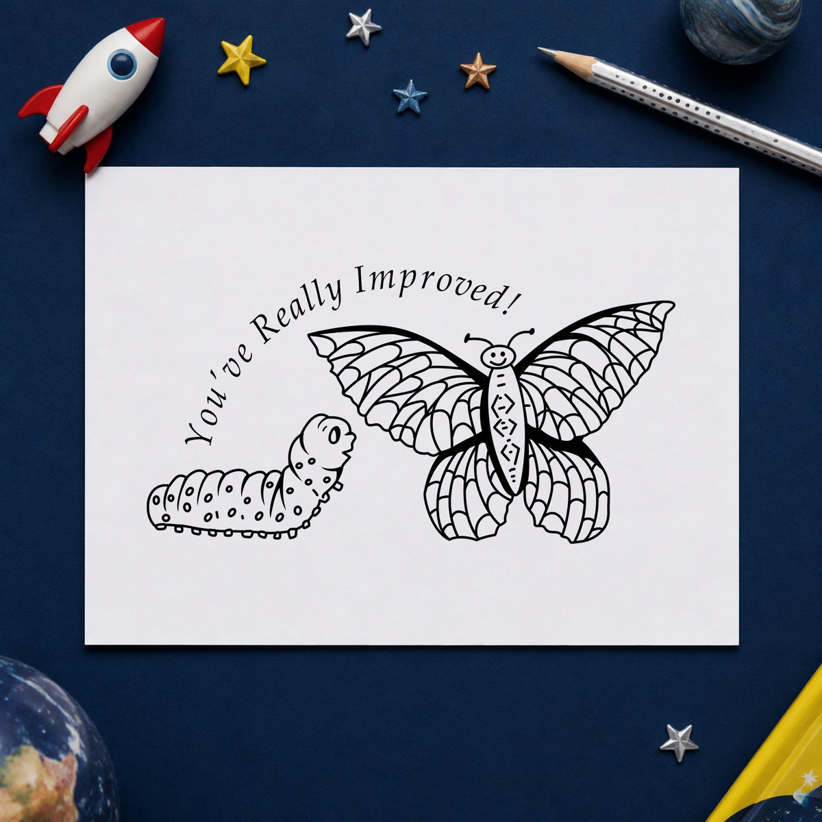 Black impression from a teacher encouragement stamp, featuring the youve really improved butterfly and caterpillar design on white paper.