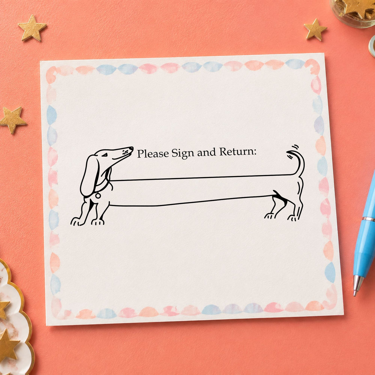 Blank Award Ribbon Rubber Stamp impression in black ink on white paper in a styled craft setting.