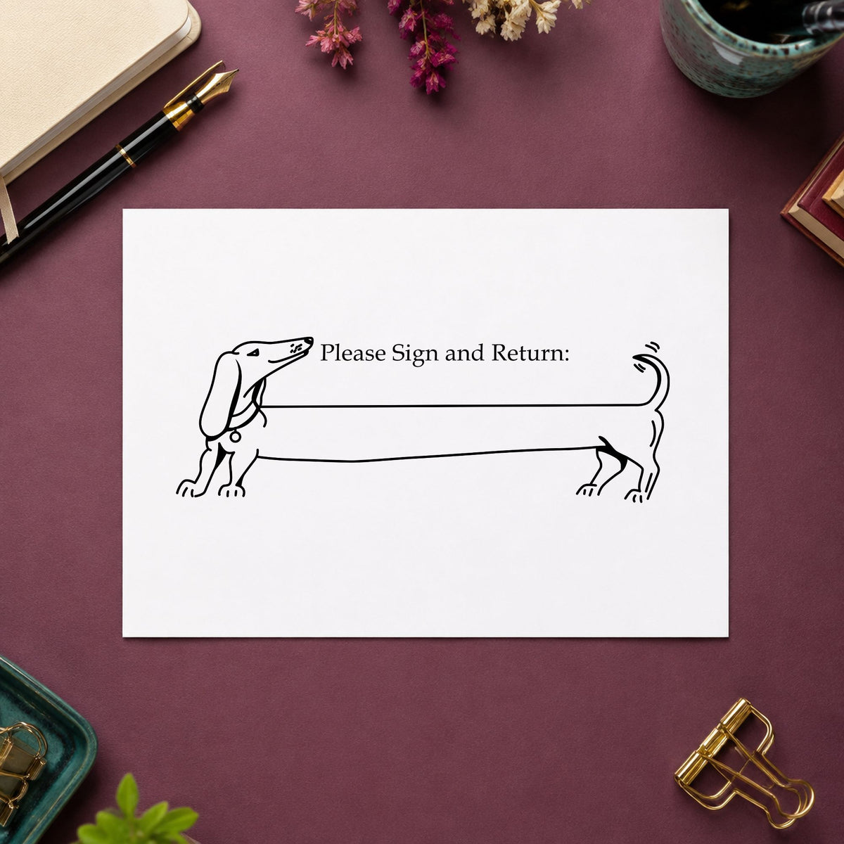Black impression from a teacher reminder stamp, featuring the please sign and return dog design on white paper.
