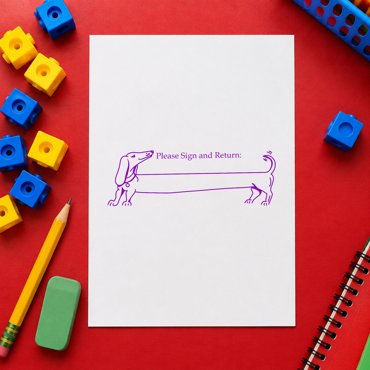 Please Sign and Return Dog Rubber Stamp impression in purple ink on white paper in a styled craft setting.