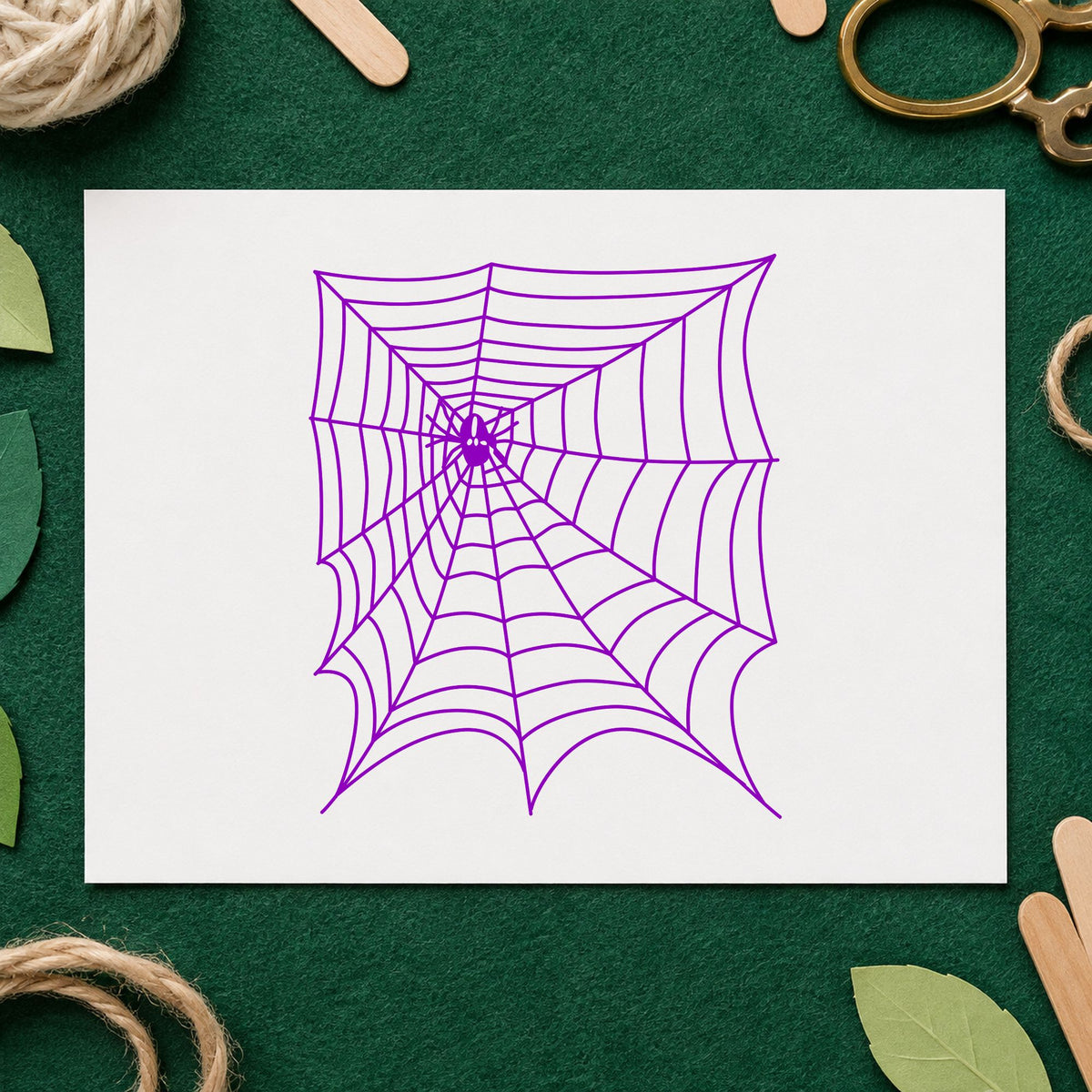 Spider and Web Halloween Rubber Stamp impression in purple ink on white paper in a styled craft setting.