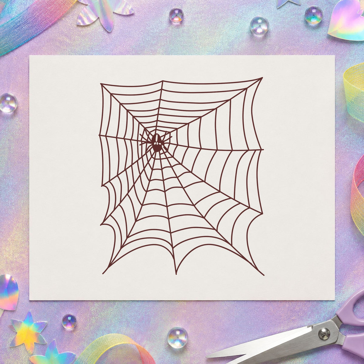 Spider and Web Halloween Rubber Stamp impression in brown ink on white paper in a styled craft setting.