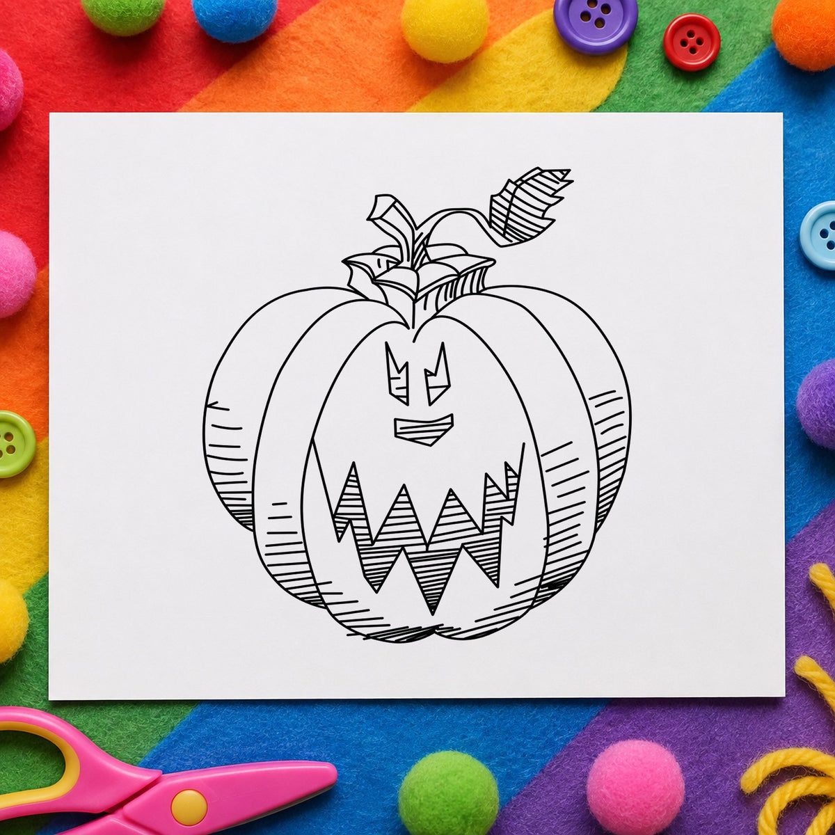 Scary Pumpkin Face Rubber Stamp impression in black ink on white paper in a styled craft setting.