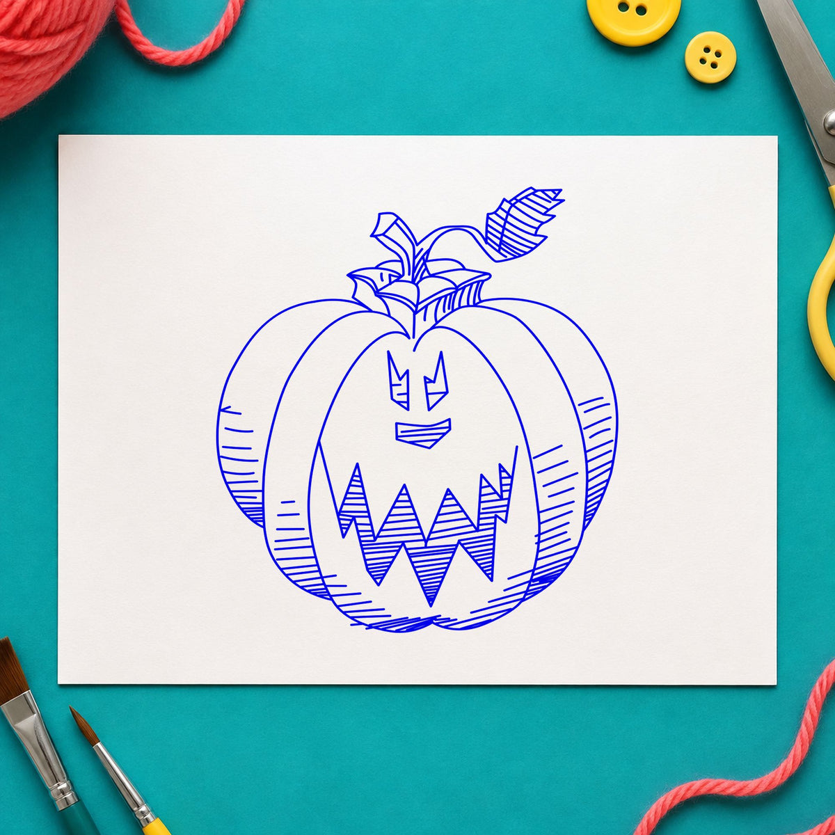 Scary Pumpkin Face Rubber Stamp impression in blue ink on white paper in a styled craft setting.