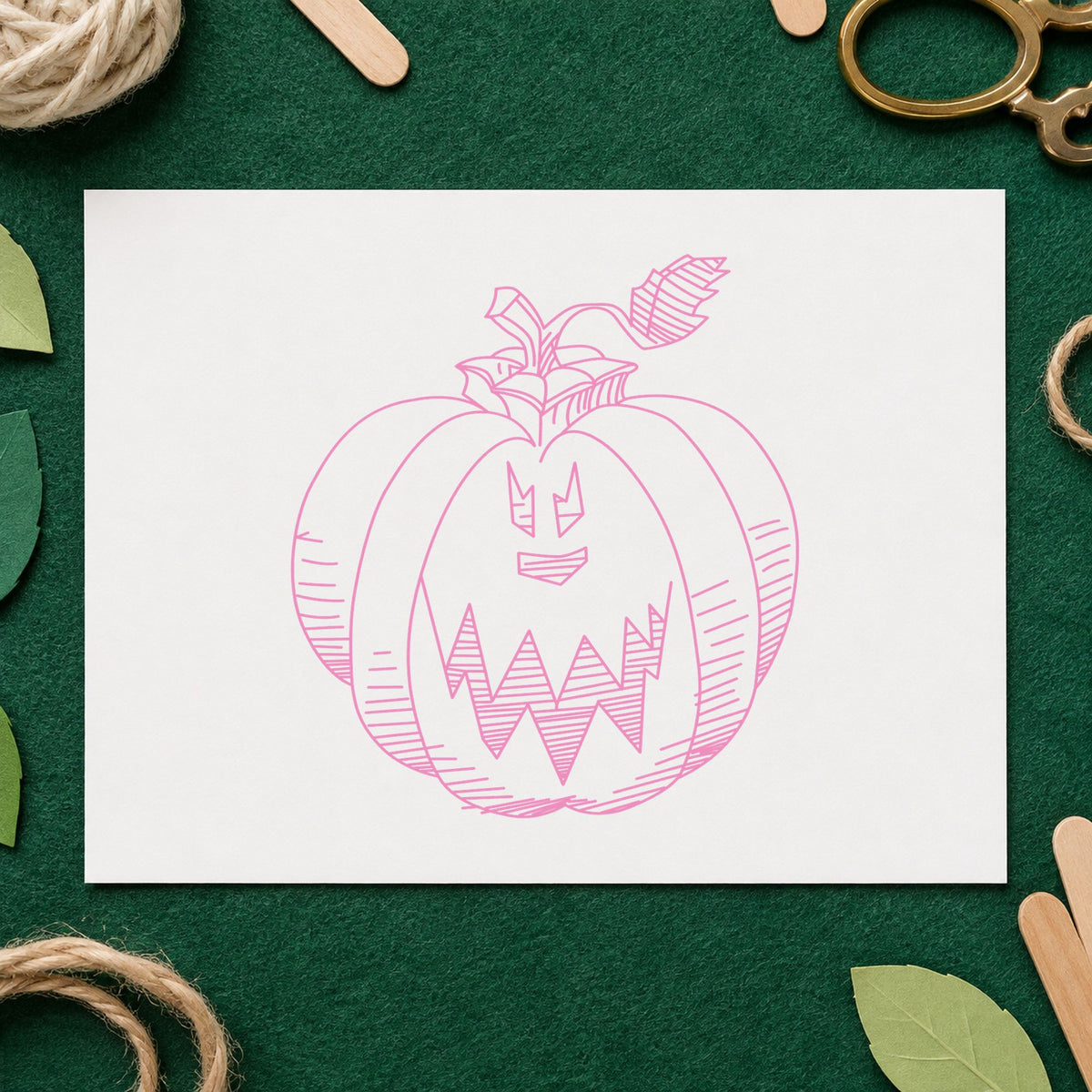Scary Pumpkin Face Rubber Stamp impression in pink ink on white paper in a styled craft setting.