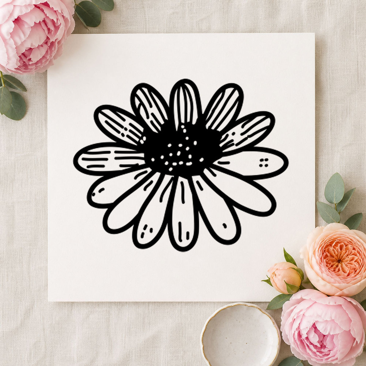 Daisy Flower Rubber Stamp Small impression in black ink on white paper in a styled craft setting.