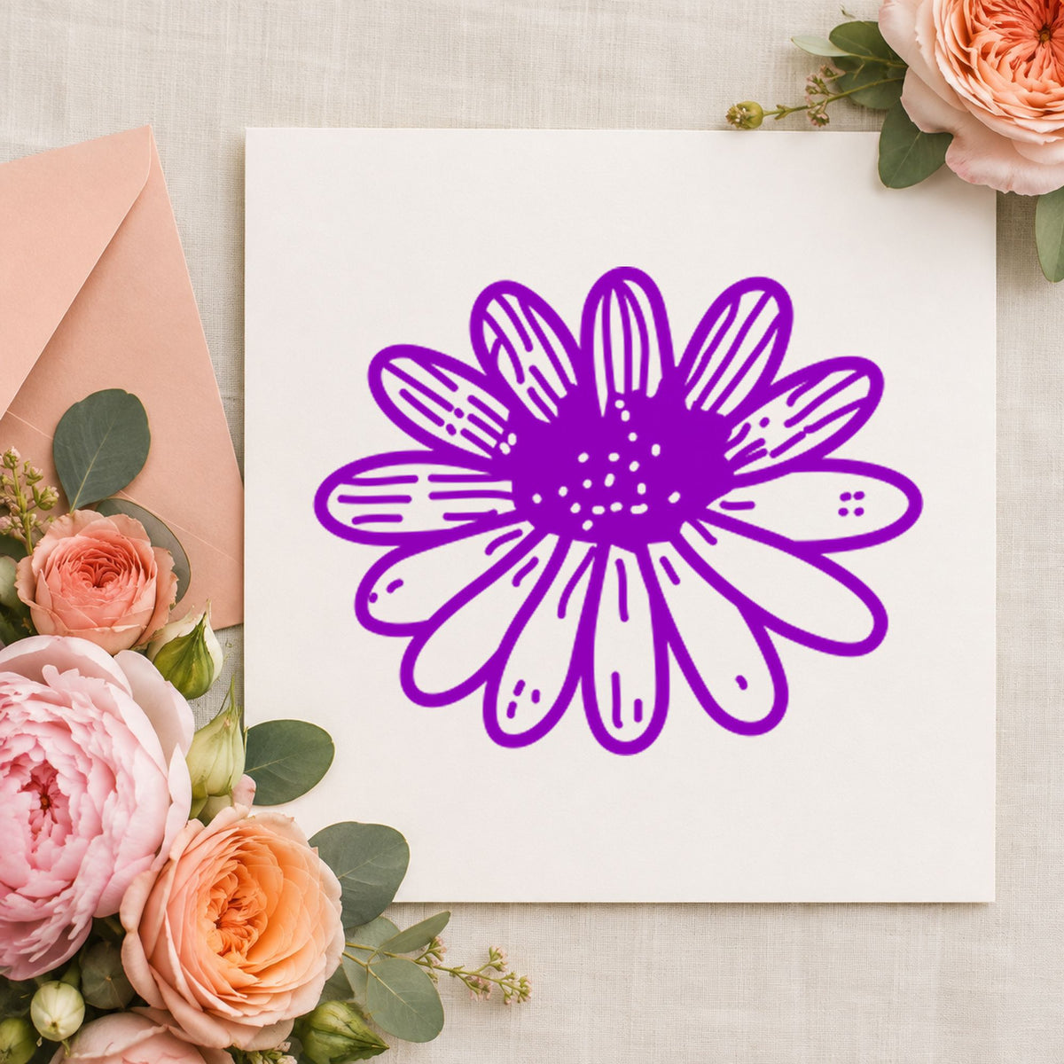 Daisy Flower Rubber Stamp Small impression in purple ink on white paper in a styled craft setting.