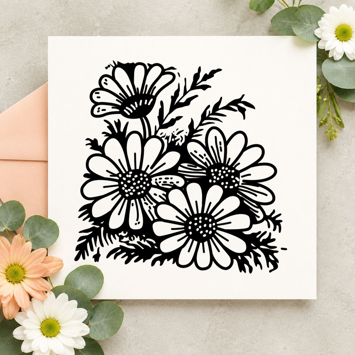 Four Daisy Blooms Rubber Stamp impression in black ink on white paper in a styled craft setting.
